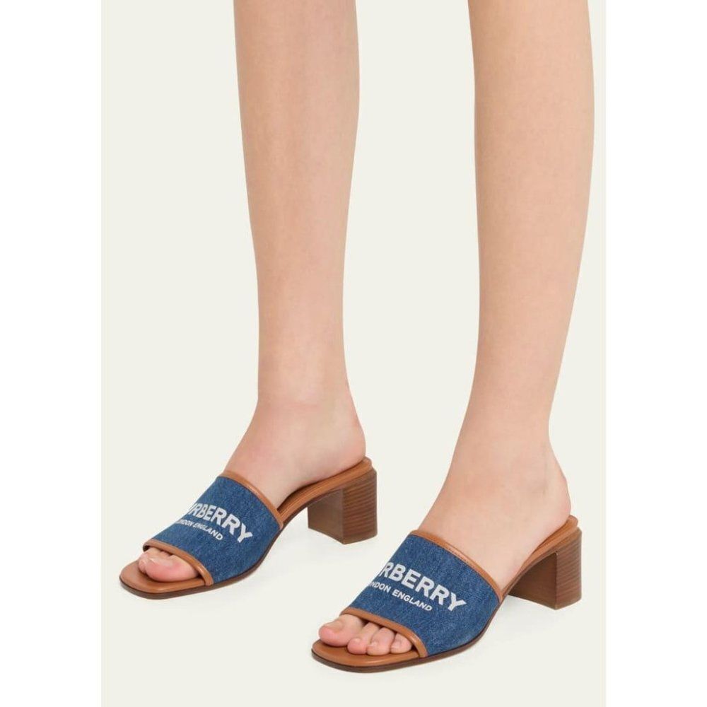 NWT BURBERRY Wilma Logo Blue & Brown Broad Strap Square Open Toe Mules S… - Picture 4 of 12